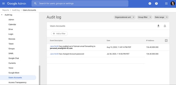 Google Admin page: Audit log