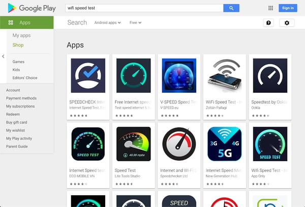 Screenshot of WiFi speed test apps on the Google Play store