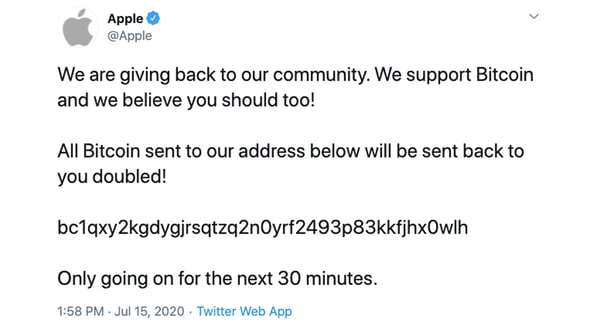 “We are giving back to our community. We support Bitcoin and we believe you should too! All Bitcoin sent to our address below will be sent back to you doubled! Only going for the next 30 minutes,” read the tweet on Apple’s Twitter account.