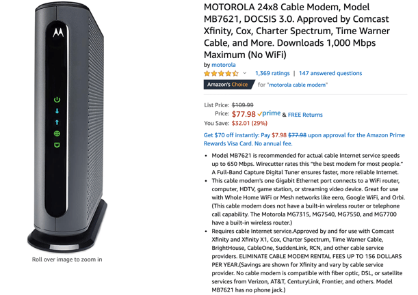 Motorola modem on Amazon