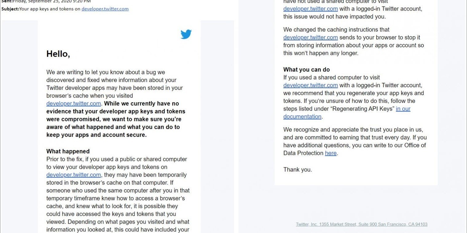 Twitter email to developers that might have been affected by the caching issue