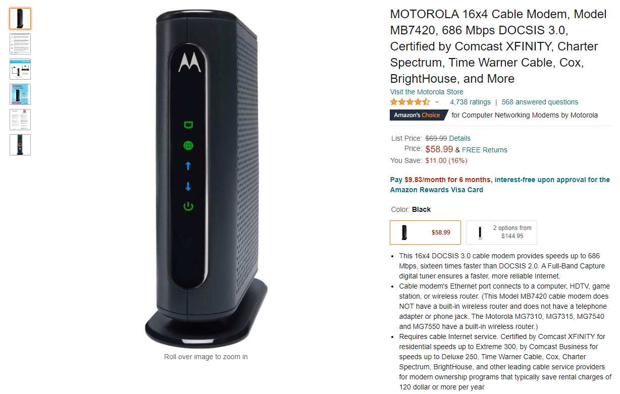 Motorola MB7420 Amazon Screenshot